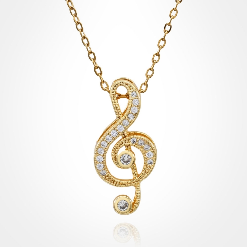 CZ Stone Gold Tone Treble Clef Pendant Necklace Music Lovers
